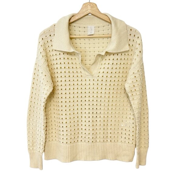 Joie Ivory Perforated Pointelle- Knit Top Eyelet Collared V-Neck Casual Sweater - Picture 1 of 6